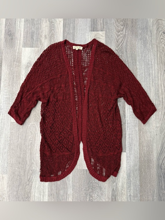 Sweaters - Women's Burgundy Oversized Crochet Knit Open Front Cardigan Boho Kimono Sweater